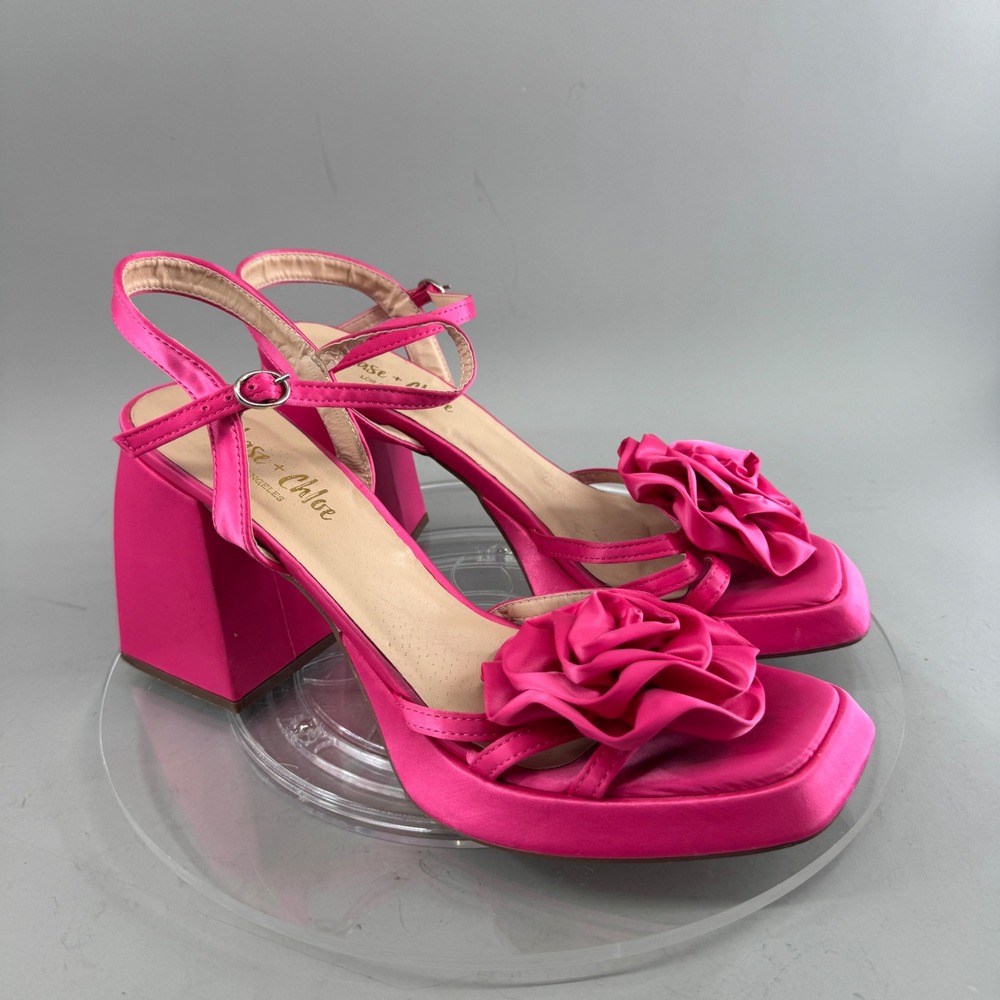 Chase + Chloe Womens Danielle-1 Satin Rosette Platform Block Heels Pink Size 10